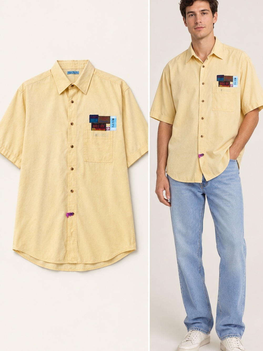 Vtg Bugle Boy Short-Sleeve Button-Down Shirt in Pale Yellow with Patch Detail XL